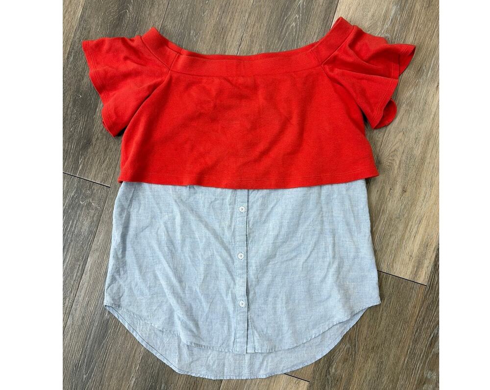 9-H15 Stcl Women’s XS Off Shoulder Layered Top Red Blue Chambray Ruffle Boho